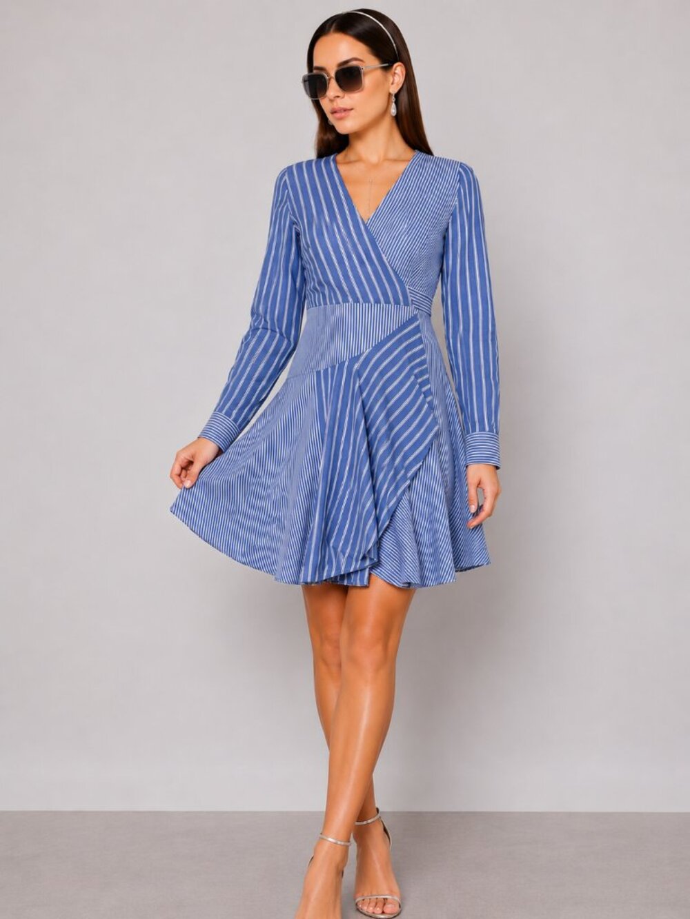Light Blue White Striped Wrap Dress Cotton Ruffle Hem NWT